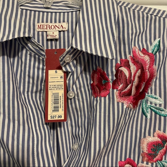 NWT blue stripe button down floral embroidery - Picture 5 of 5